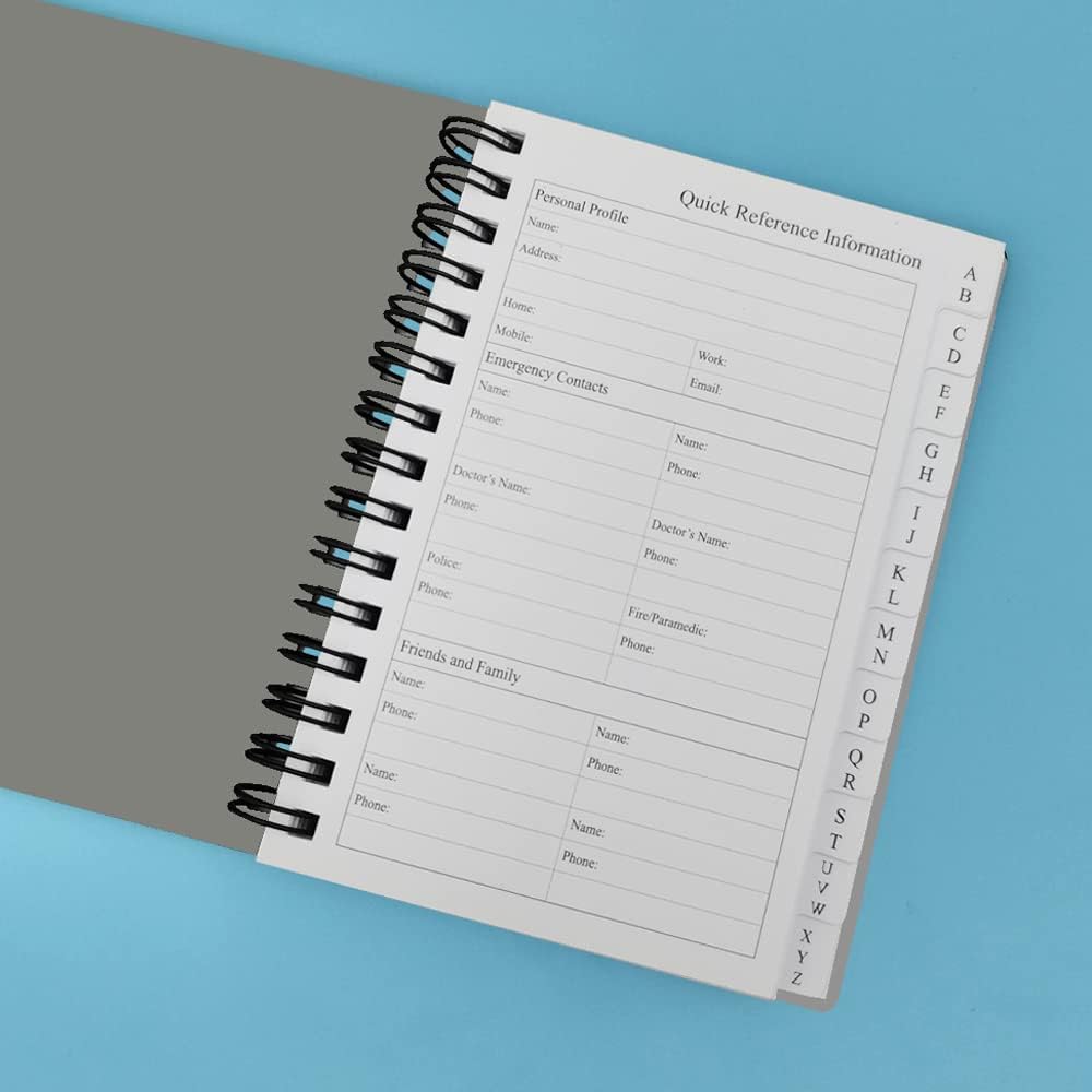 Spiral Password Book with Alphabetical Tabs - 3.5x5.25 inch Password Keeper with A-Z Tabs for Internet Login, Website, Username, Password. Grey Password Notebook for Home or Office