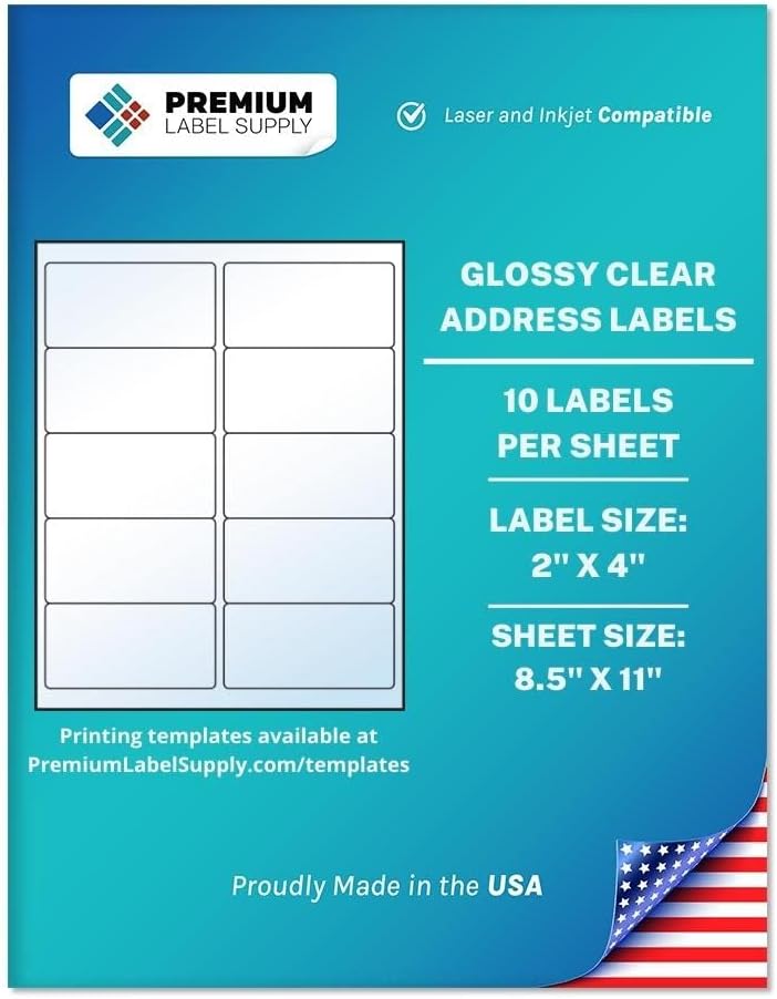 Premium Label Supply Glossy Clear Address Labels – 2" x 4" – Laser/Inkjet Compatible – (10 per Sheet), 100 Sheets – 1,000 Total Adhesive Labels