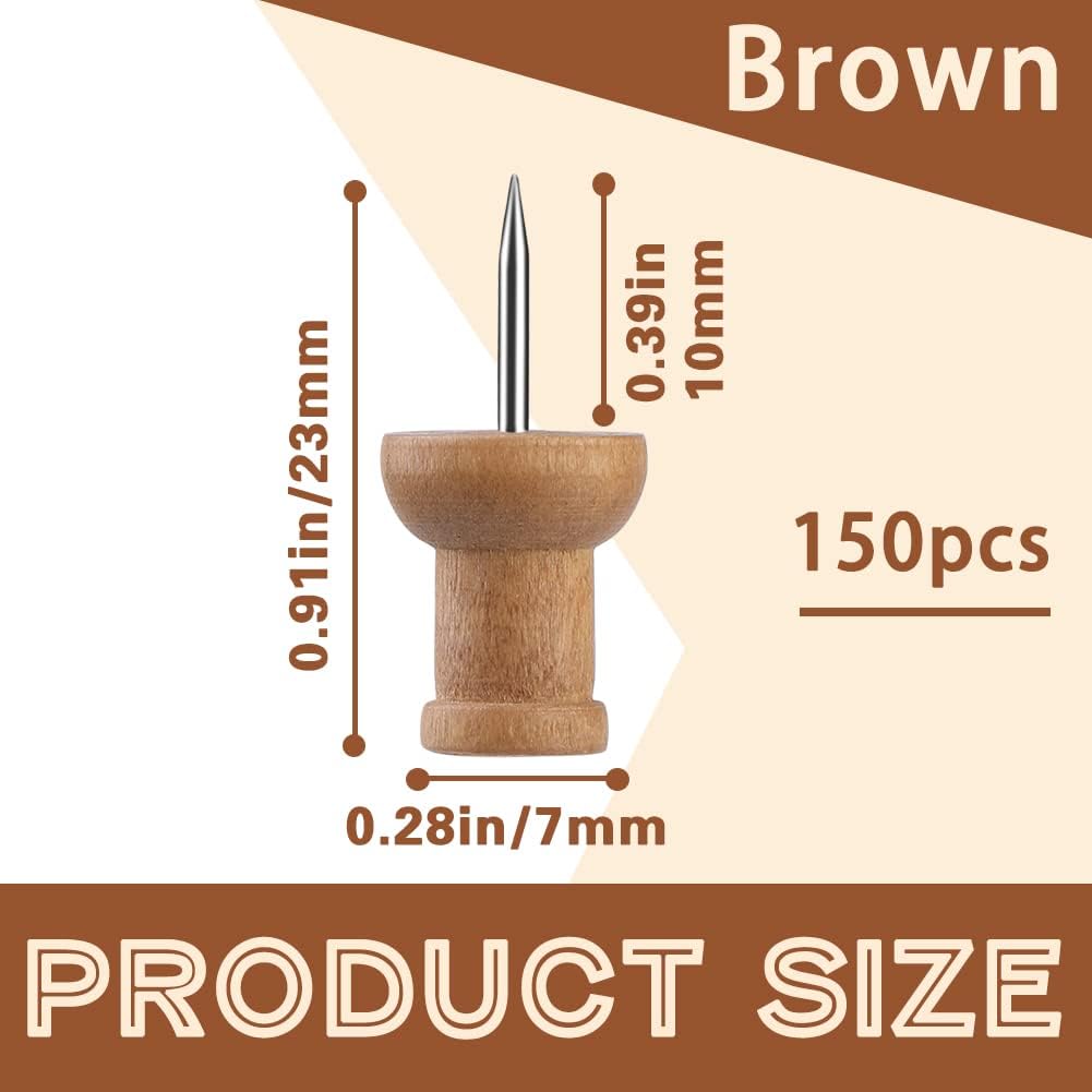 150 Pcs Push Pins for Cork Board, Decorative Thumb Tacks Wooden Push Pins Head Pin Wood Map Tacks Marking Pin, Wood Thumb Tacks Decorative for Bulletin Boards Craft Projects with Storage Box, Coffee