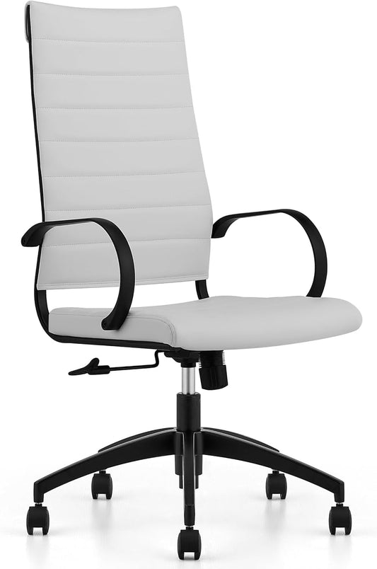 Ribbed High Back Conference Room Chairs - Lumbar Support, Modern Executive Home Office Chair - White Leather Seat & Black Aluminum Frame