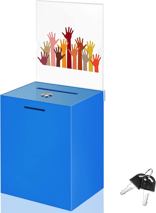 Marsui Acrylic Suggestion Box Large Donation Box 16 x 6.7 x 5 Inch Safe Ballot with Lock and Sign Holder for Voting Charity Business Cards Collection Display Ticket Comment(Blue)