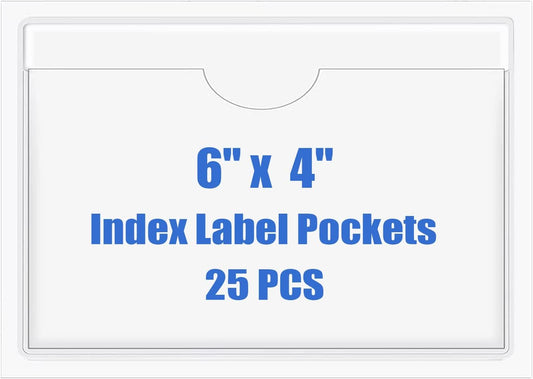 Origin-Joy 25 PCS Self-Adhesive Index Label Pockets, Clear Plastic Peel & Stick Card Holders with Top Open for Loading (6 x 4 inch)