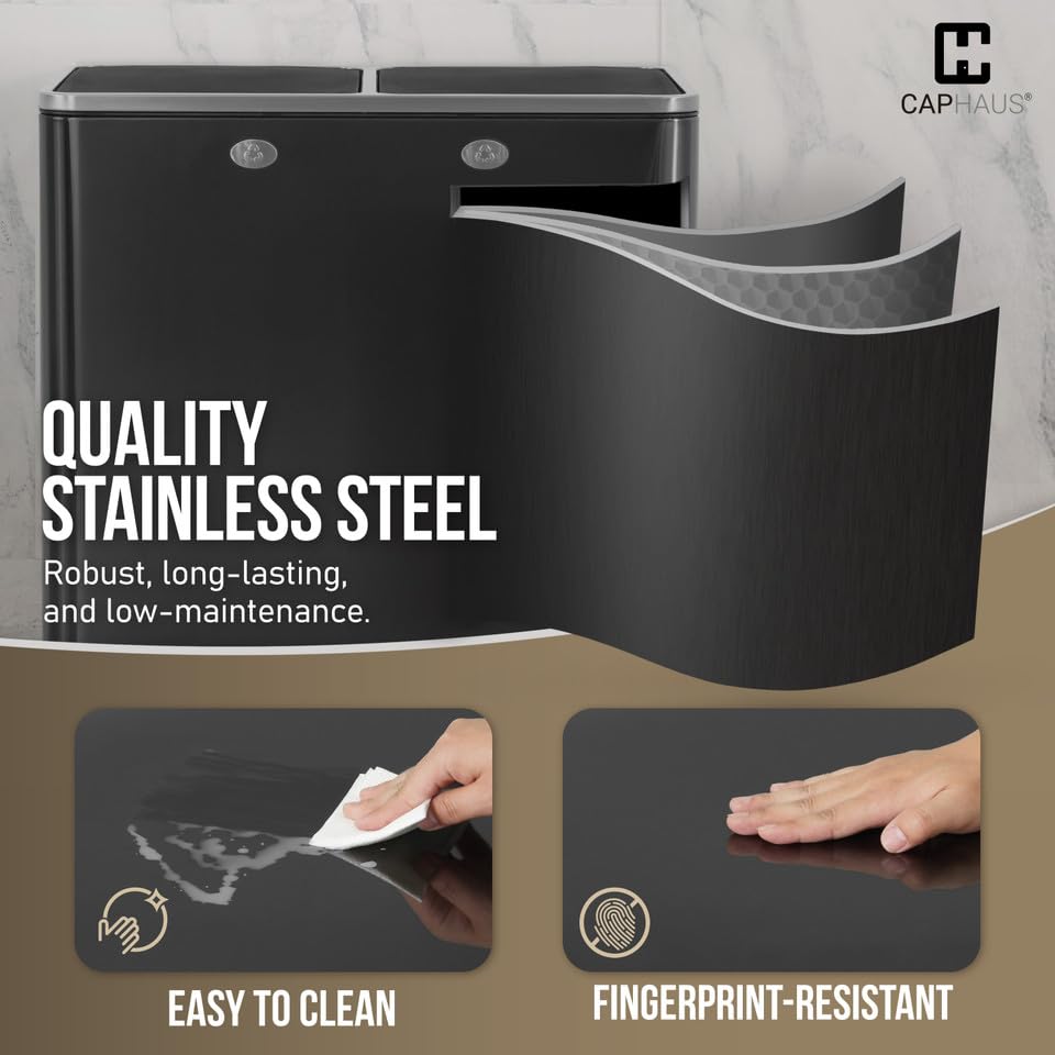 CAPHAUS Black Dual Trash Can w/Double Lid, Trash & Recycle Bins Combo, Hands-Free Stainless-Steel Garbage Can for Kitchen, with 2 Compartment, Hinged Lid, Odor Filters, Handles, 30L+30L, 2 x 8 Gal