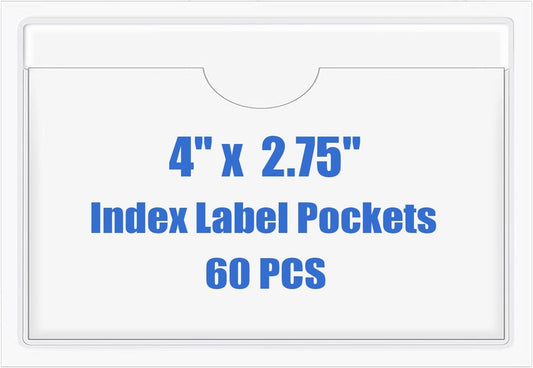 Origin-Joy 60 PCS Self Adhesive Index Card Pockets with Top Open, Clear Plastic Label Holder for Cards of Note, Library and Business, Adhesive Label Pockets & Card Holder (4 x 2.75 inch)