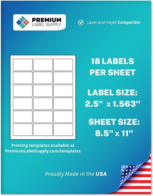 Premium Label Supply White Sticker Rectangle Labels – 2.5" x 1.563" – Laser/Inkjet Compatible – (18 per Sheet), 2000 Sheets – 36,000 Total Adhesive Labels