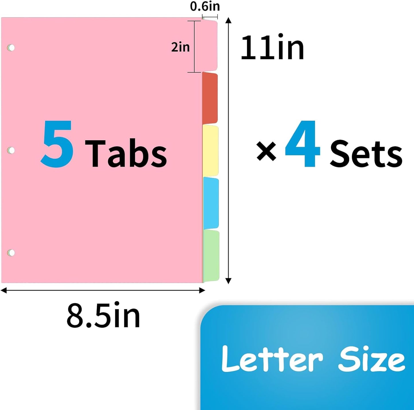Binder Dividers for 3 Ring Binder, 1/5 Cut Tabs, Letter Size, Blank Write On Page Dividers with 5 Big Tabs for School Office Home, 4 Sets, 20 Dividers, Colorful