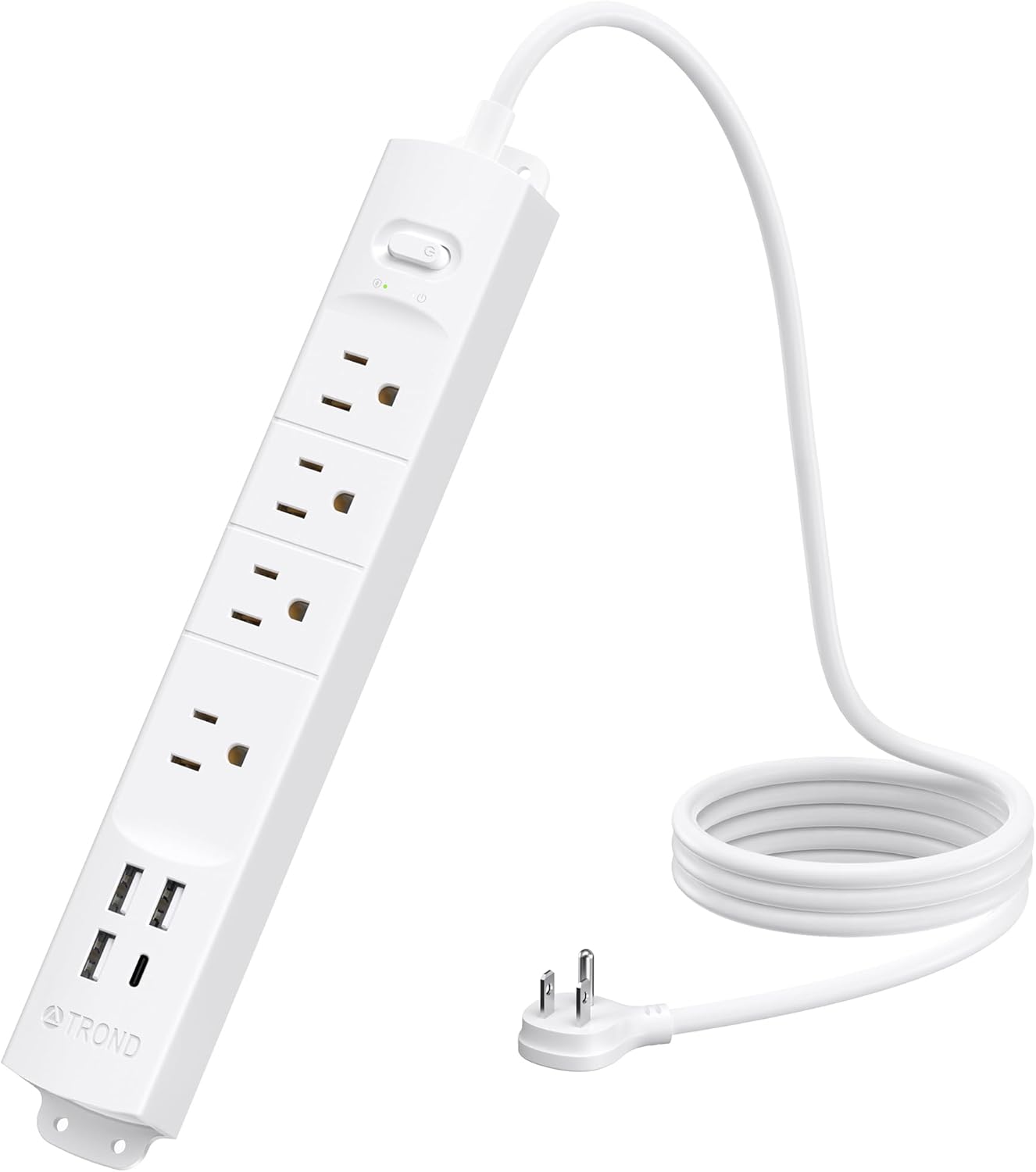 TROND Surge Protector Power Strip with USB, Ultra Thin Flat Plug 3ft Extension Cord 1625W, 3 USB A & 1 Type C, 4 AC Outlets 1440J Surge Protection ETL Listed, Wall Mount for Home Office Dorm, White