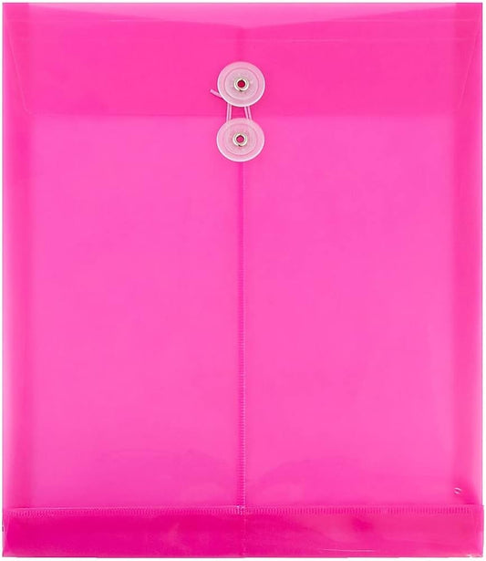 JAM PAPER Plastic Envelopes with Button & String Tie Closure - Letter Open End - 9 3/4 x 11 3/4 - Bright Hot Pink - 12/Pack