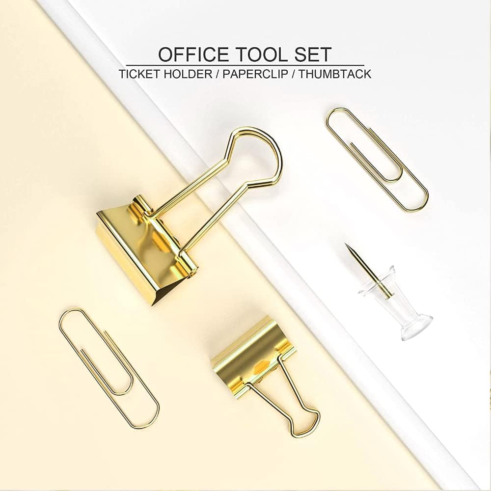 Gold Paper Binder and Clips Set, Metal Assorted Sized Binders with Push Pins, Cute Office Supplies, Teacher Desk Must Haves, Desk Accessories