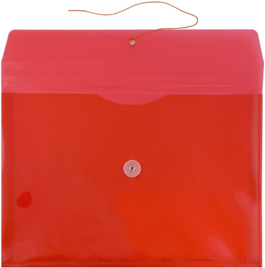 JAM PAPER Plastic Envelopes with Button & String Tie Closure - Letter Booklet - 9 3/4 x 13 - Red - 3/Pack