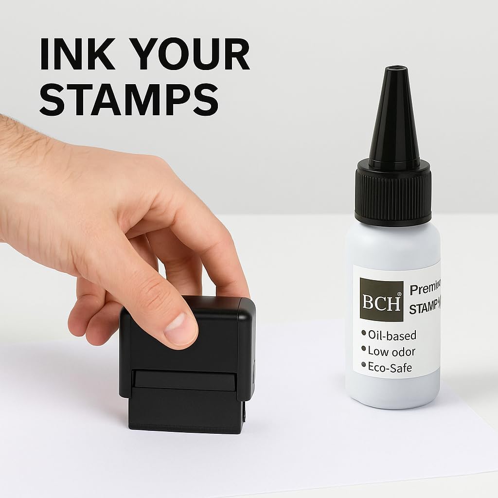 BCH Premium Oil-Based Stamp Ink Refill – 20ml (0.68 oz) Black Ink for Pre-Inked Rubber Stamps, Gel Pads & Dot Matrix Ribbons – Quick-Dry Refill for Address, Date, Notary & Signature Stamps