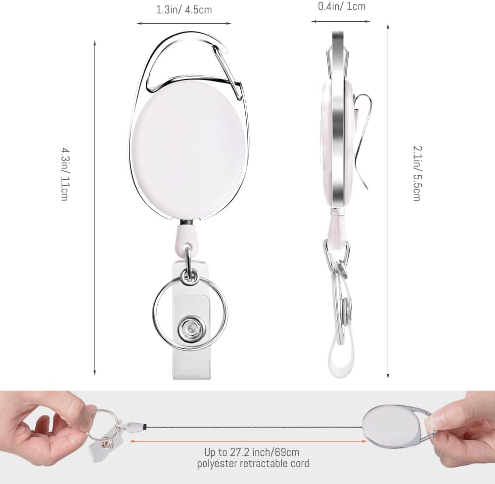 Retractable Badge Holder with Carabiner Reel Clip and Key Ring for ID Card Key Keychain Holders White 10 Pieces