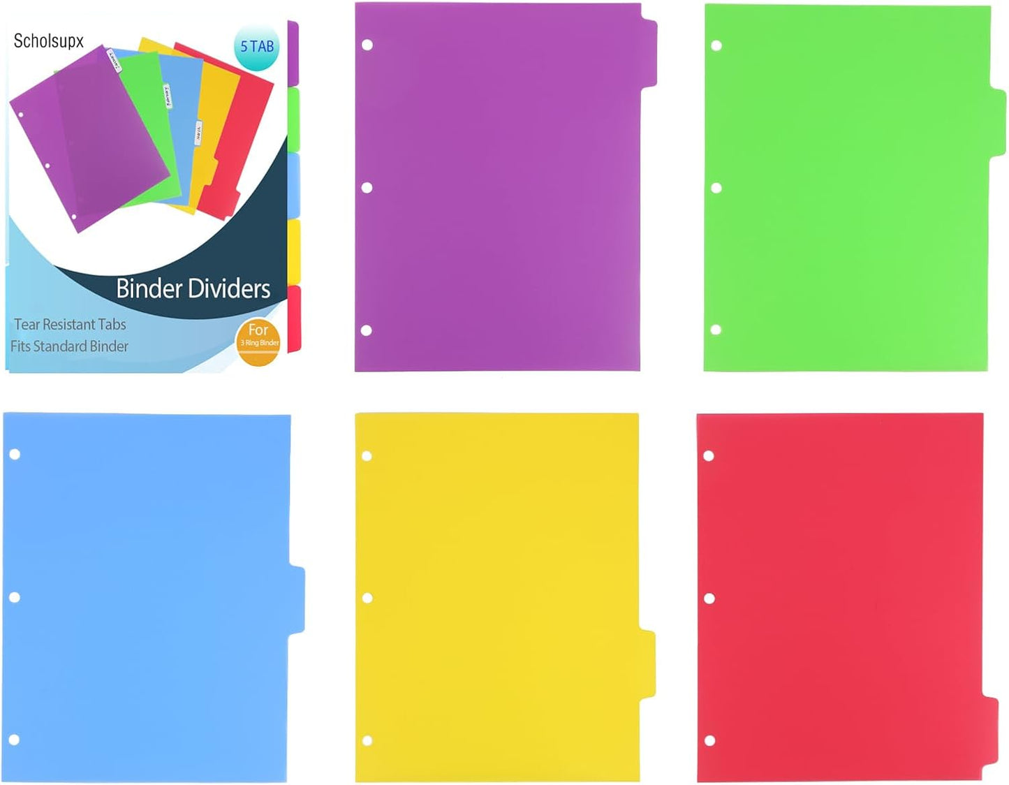 6 Sets 5 Tab Binder Dividers, Plastic Binders Dividers with Tabs Colorful Big Tab Fit Standard 8.5 X 11 Sheets, Dividers for 3 Ring Binder
