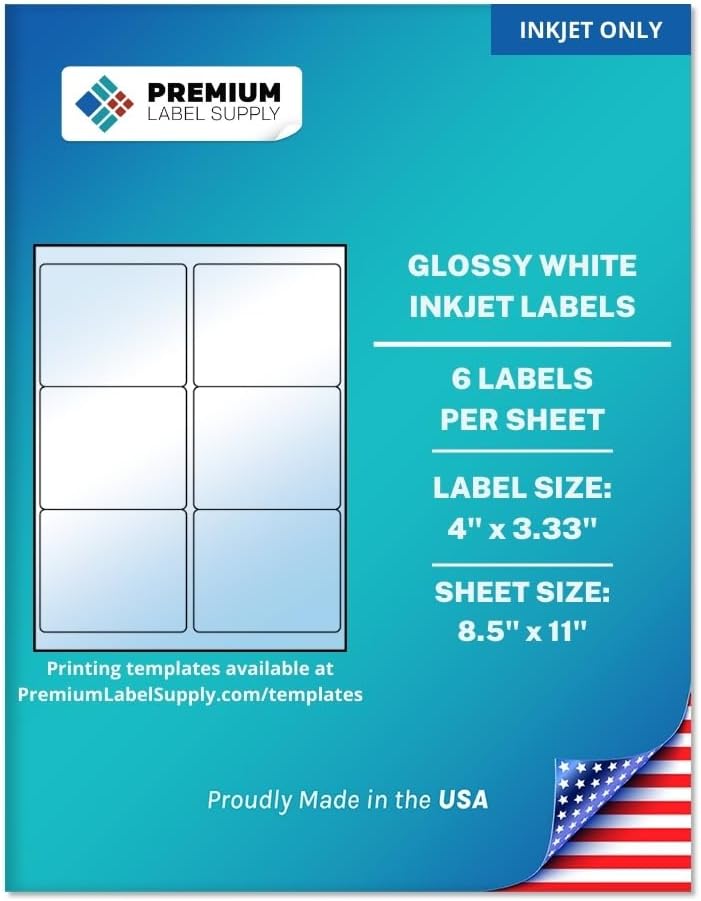 Premium Label Supply Glossy White Sticker Labels – 4" x 3.33" – (6 per Sheet) (Glossy White for Inkjet Only, 600 Labels)