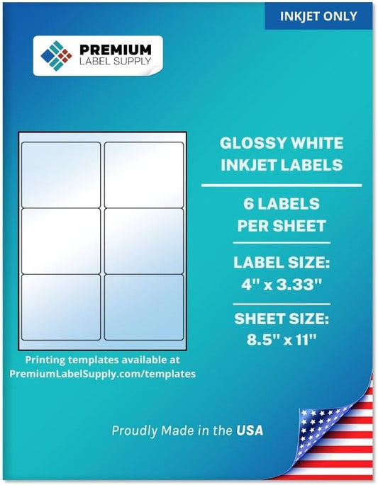 Premium Label Supply Glossy White Sticker Labels – 4" x 3.33" – (6 per Sheet) (Glossy White for Inkjet Only, 600 Labels)