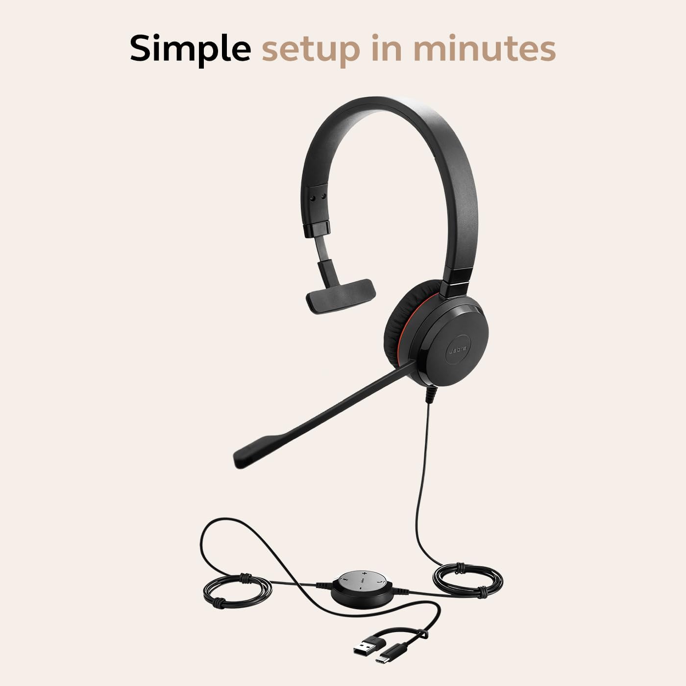 Jabra Evolve 30 II Wired Single-Ear Headset with Mic for Work - 3.5mm Jack, USB-A/USB-C Connectivity, Computer Headset with Noise-Cancelling Microphone, Works with Online Meeting Platforms - Black