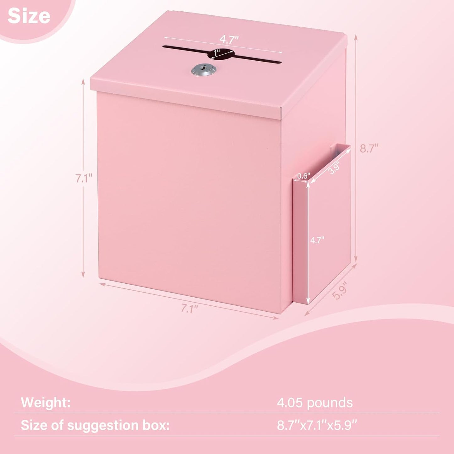 xydled Suggestion Box with Key Lock, Locking Metal Donation Ballot Drop, Comment Prayer Box with Slot for Office, Fundraising, Church, School, Home Use, Pink, 8.7 x 7.1 x 5.9 Inches