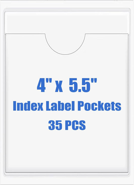 Origin-Joy 35 PCS Self Adhesive Index Card Pockets with Top Open, Clear Plastic Label Holder for Notes, Library and Business, Adhesive Label Pockets & Holder (4 x 5.5 inch)