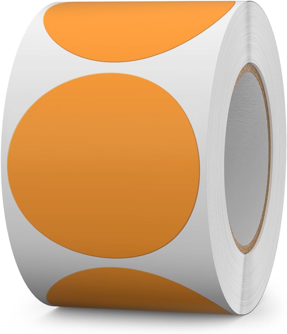 500 PCS Round Stickers 2 Inch Vinyl Orange Dot Sticker Removable Writable Color Coding Circle Colored Labels for Office Inventory Garage Yard Sale Tag