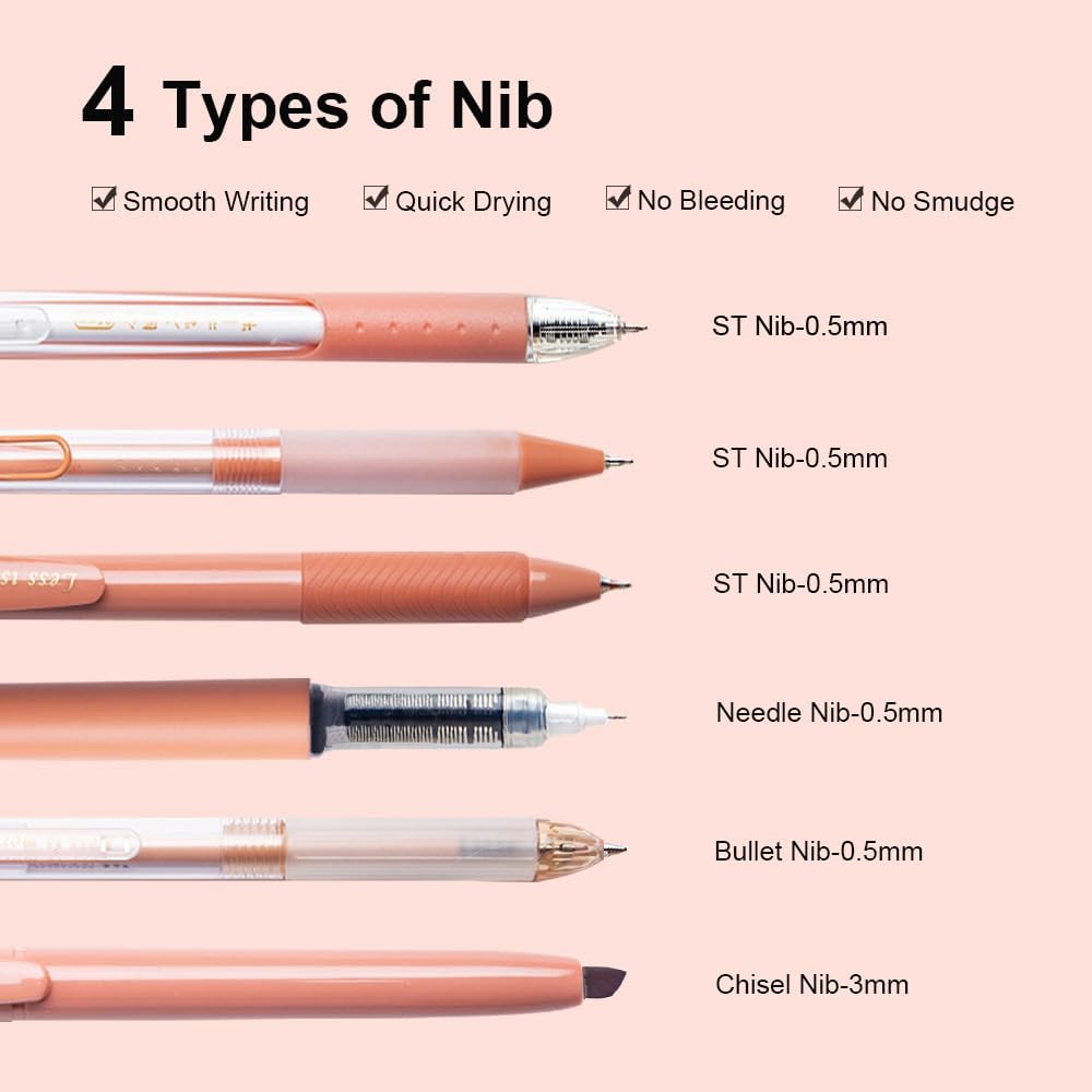 6 Count Pastel Gel Ink Pen Set,Cute Note Taking 0.5mm Fine Point Retractable 5 Count Black Ink Pens with 1 Count Highlighter for Writing, Journaling, School, Office (Caramel Brown)