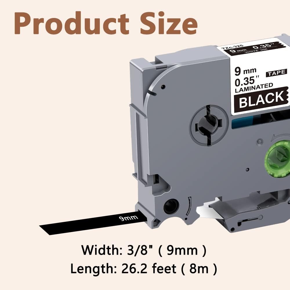 Hehua Tze Tz Tape 9mm 0.35 Laminated Black Tape Compatible for Brother P-Touch TZe-325 TZe325 TZ-325 TZ325 Label Tape for Ptouch PT D210 D200 D220 H110, 3/8'' x 26.2ft White on Black, 3 Pack