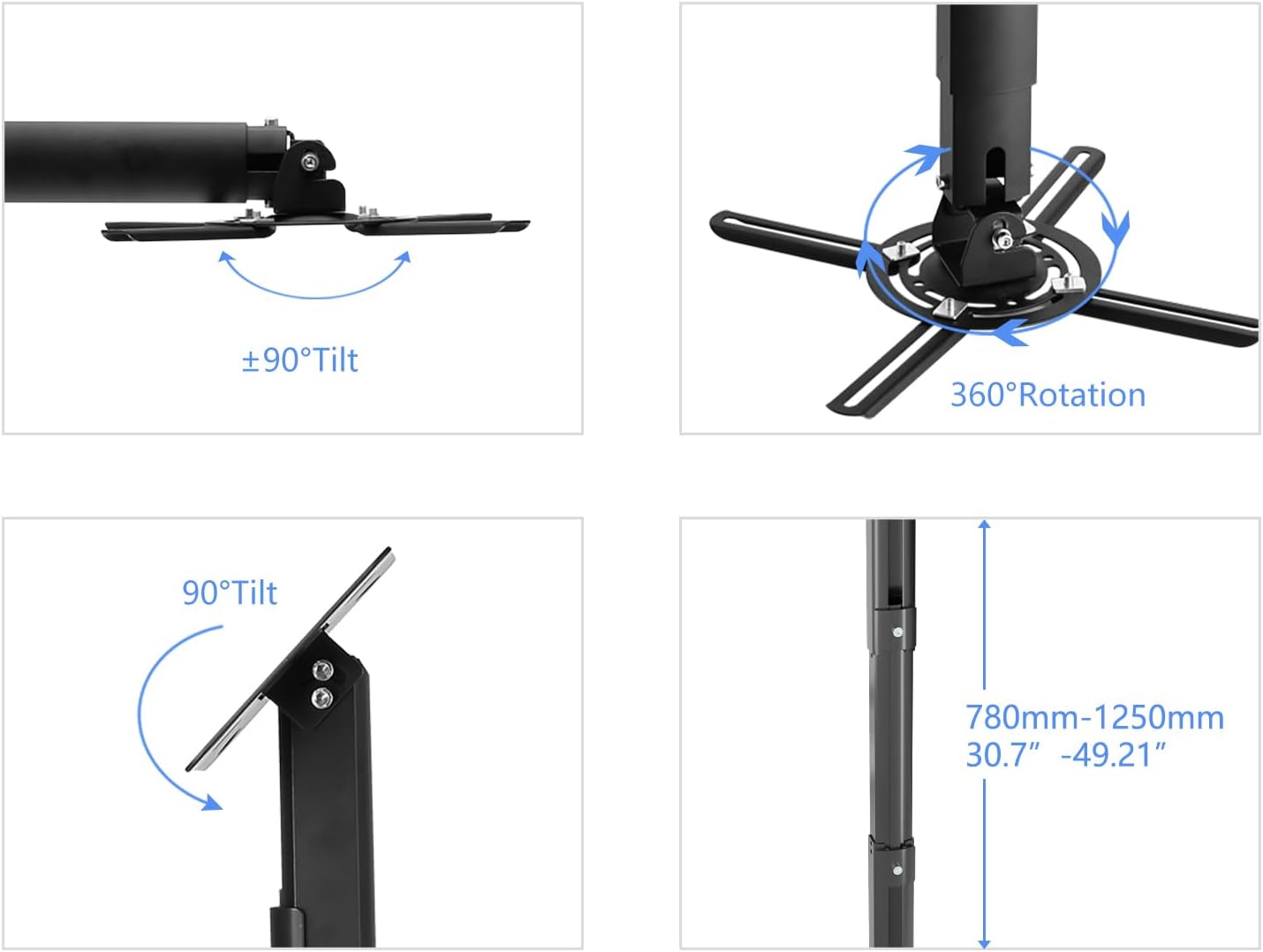 suptek Projector Ceiling Mount Bracket Fits Flat or Sloped Ceiling Height Adjustable with Extendable Length 30.7-49.21inch,for LCD/DLP Projectors,Black (PR05LB)