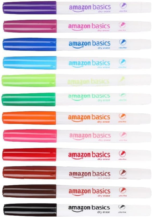 Amazon Basics Low Odor Ultra Fine Tip Dry Erase White Board Markers, Assorted Colors, 12-Pack