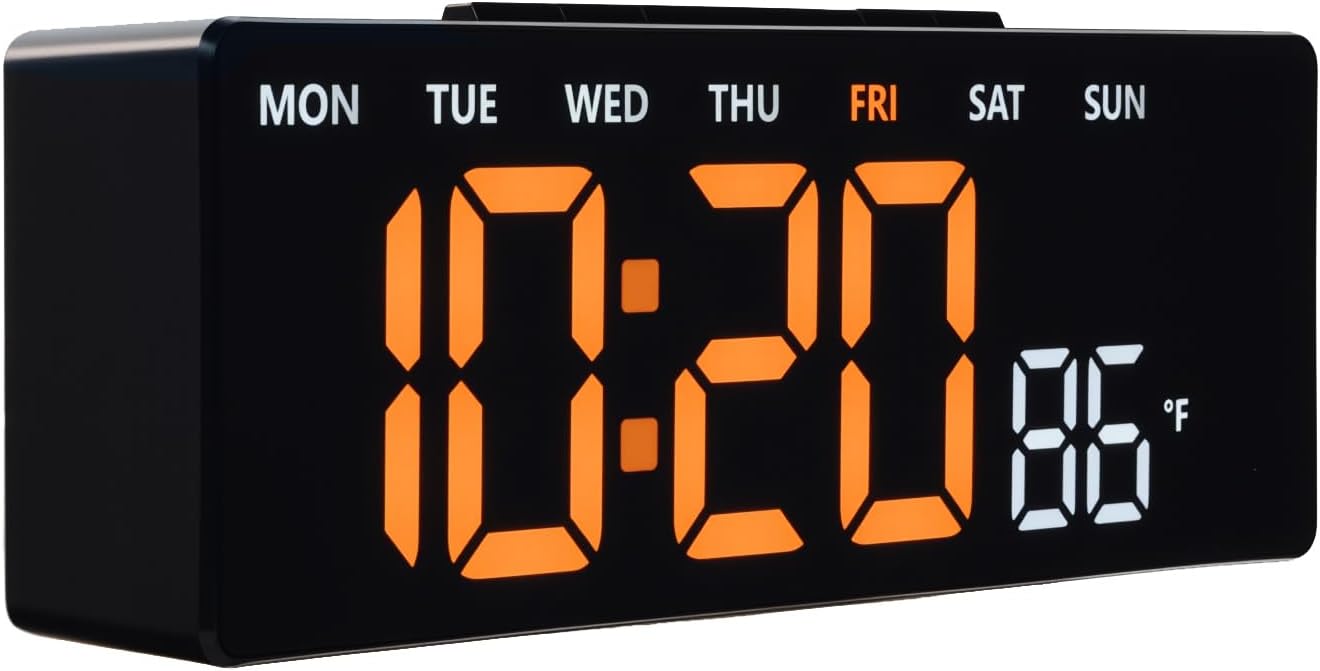 8 Inch LED Digital Desk Clock with Medication Reminders – Large Display with Time, Date, Day, Temperature, Triple Pill Alerts, Dual Alarm, Silent Clock for Home and Office,Orange