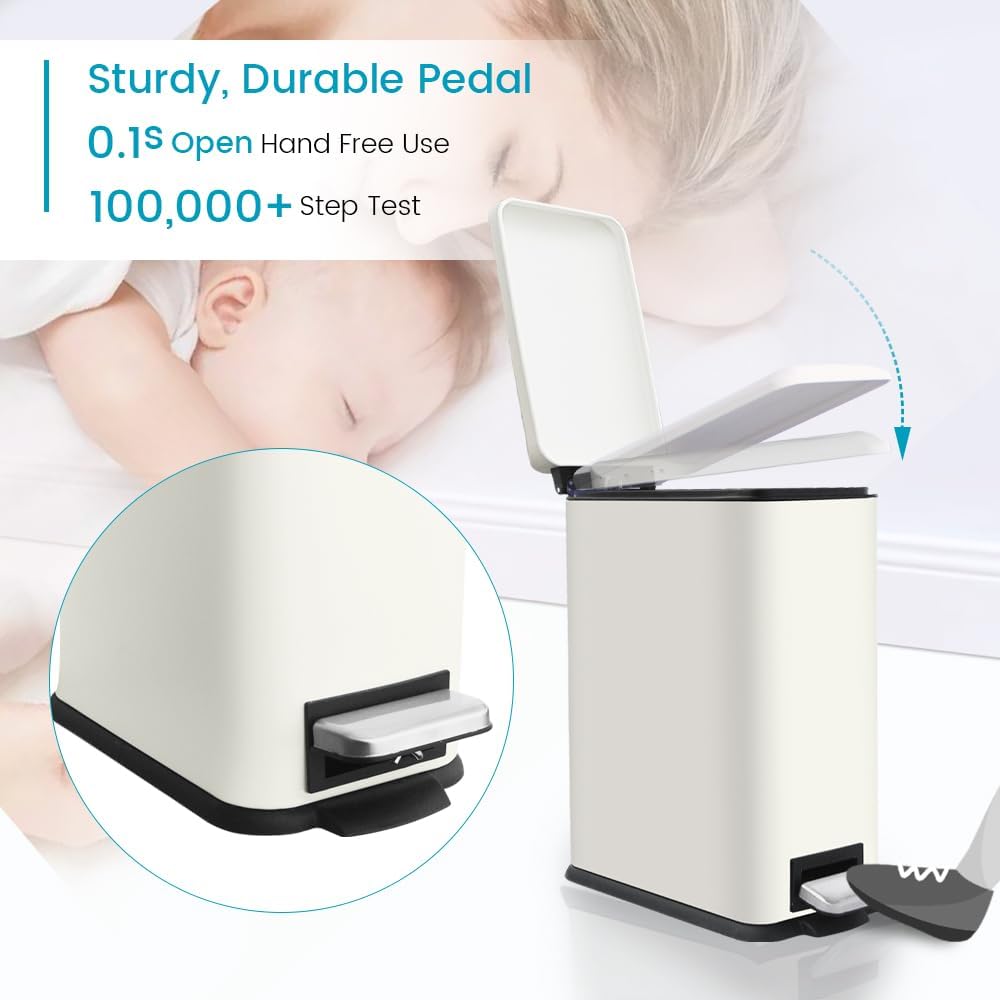 Bathroom Trash Can with Lid, 16.7L/ 4.4 Gallon Trash Can with Removable Inner Bucket, Soft Close lid, Stainless Steel Step Pedal Garbage Can for Bathroom, Kitchen, Home Office, White