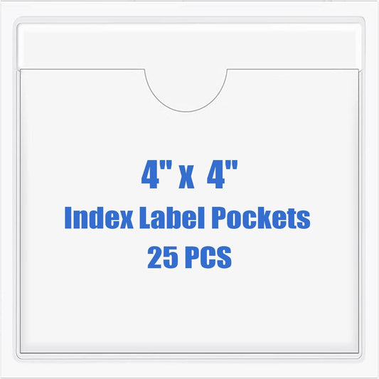 Origin-Joy 25 PCS Self-Adhesive Index Label Pockets, Clear Plastic Peel & Stick Card Holders with Top Open for Loading (4 x 4 inch)