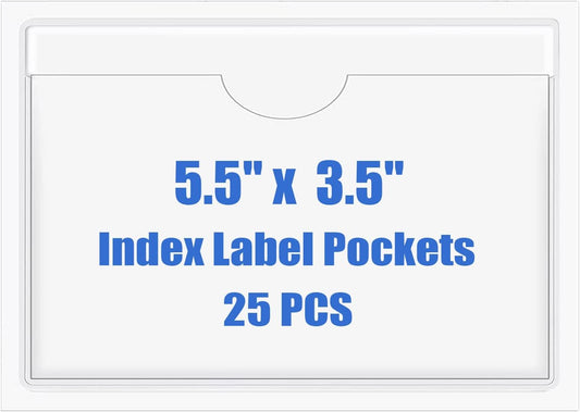 Origin-Joy 25 PCS Self-Adhesive Index Label Pockets, Clear Plastic Peel & Stick Card Holders with Top Open for Loading (5.5 x 3.5 inch)