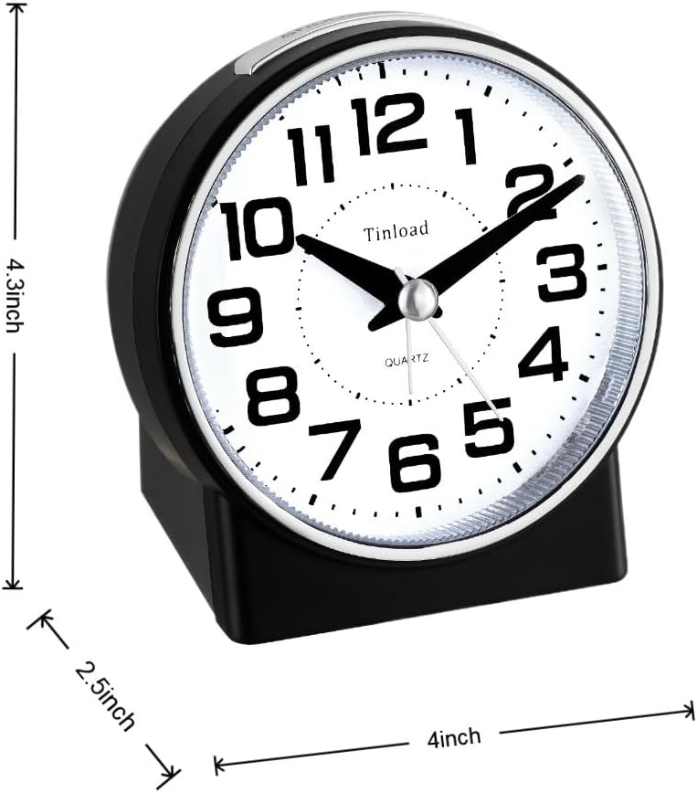 4.3" No Ticking Analog Alarm Clock,Silent Readable for Seniors,Easy to Set,Gradual Rise Alarm,Big Numbers,On/Off Switch on Side,Gentle Wake,Snooze,Lighted on Demand,Battery Operated,Black
