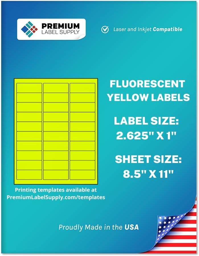 Premium Label Supply Bright Neon Color Fluorescent Stickers - 2.625" x 1" Address Labels - (Fluorescent Yellow, 15000 Labels)