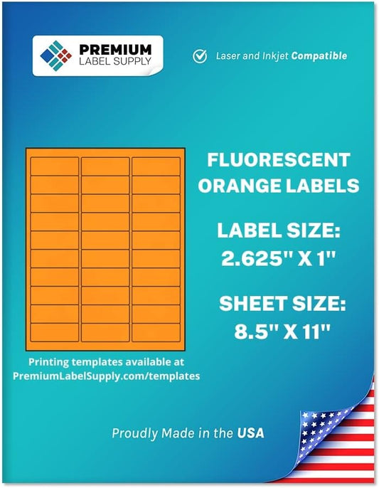 Premium Label Supply Bright Neon Color Fluorescent Stickers - 2.625" x 1" Address Labels - (Fluorescent Orange, 3000 Labels)