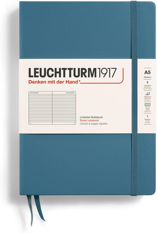 LEUCHTTURM1917 - Notebook Hardcover Medium A5-251 Numbered Pages for Writing and Journaling (Stone Blue, Ruled)