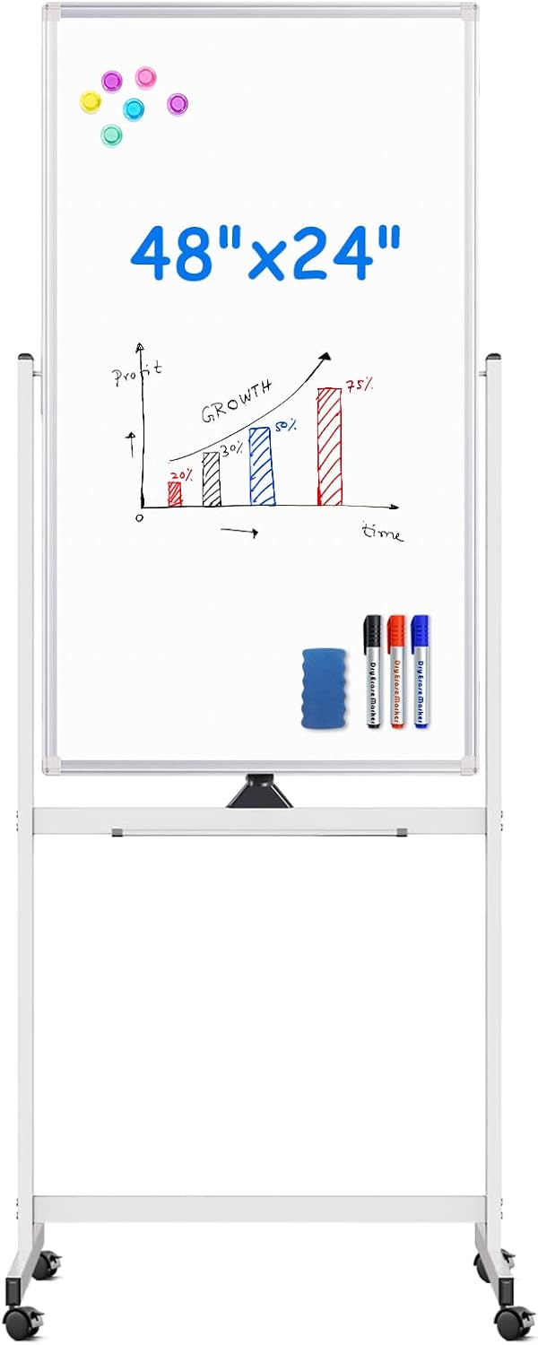 Magnetic Mobile White Board, 48 x 24 Double Sided Dry Erase Board Rolling Whiteboard Aluminum Frame Standing Whiteboard on Wheels