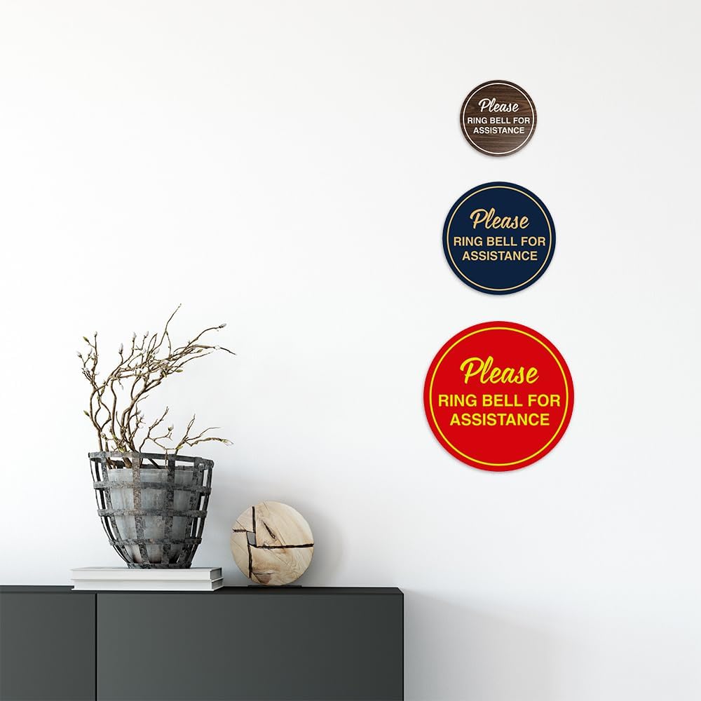 Signs ByLITA Circle Please Ring Bell For Assistance Wall or Door Sign | Easy Installation | Front Desk Reception Sign (Navy Blue/Gold) - X-large (10 Pack)