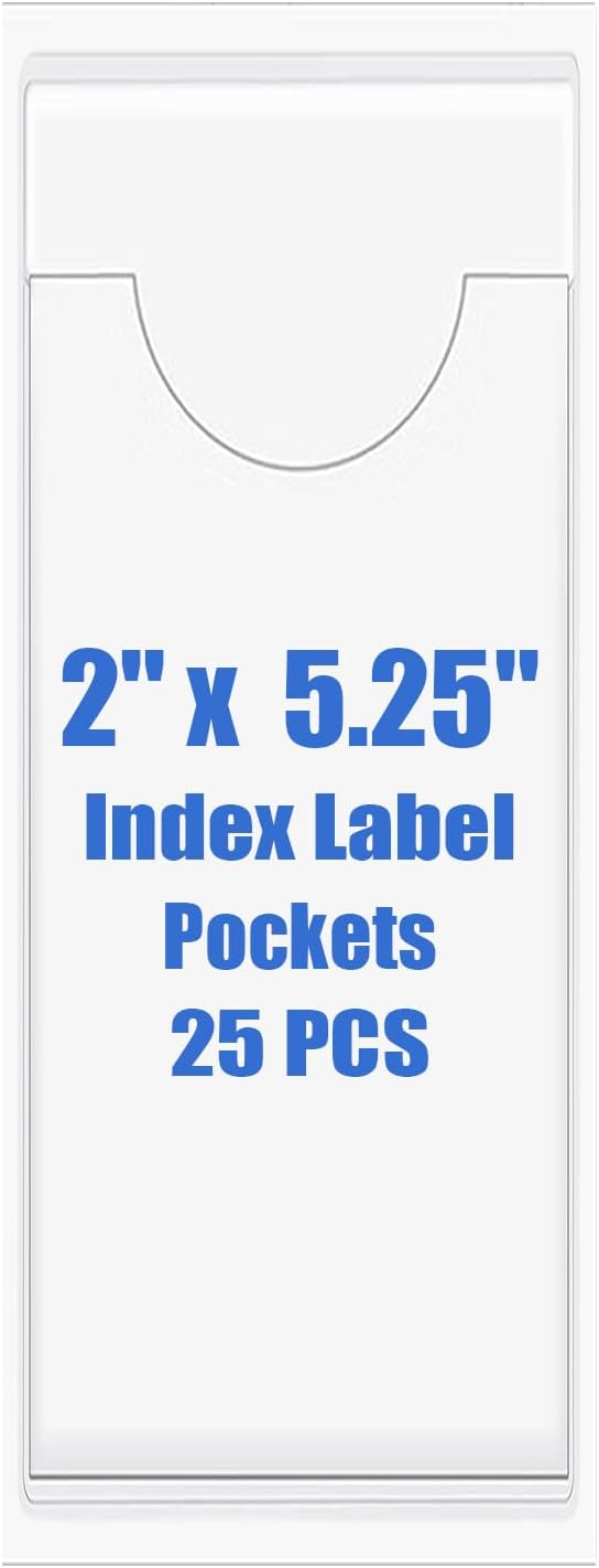 Origin-Joy 25 PCS Self-Adhesive Index Label Pockets, Clear Plastic Peel & Stick Card Holders with Top Open for Loading (2 x 5.25 inch)