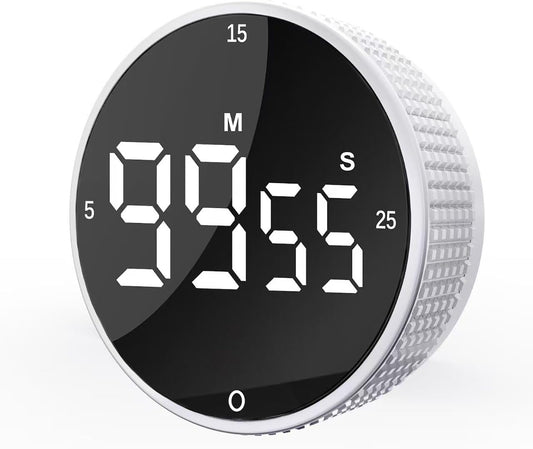 Upgrade Digital Kitchen Timer - Magnetic Countdown Countup Visual Pomodoro Timer with Large LED Display, 3-Preset Times (5, 15, 25), 3 Volume Levels, Ideal for Cooking, Baking and Fitness (1, White)