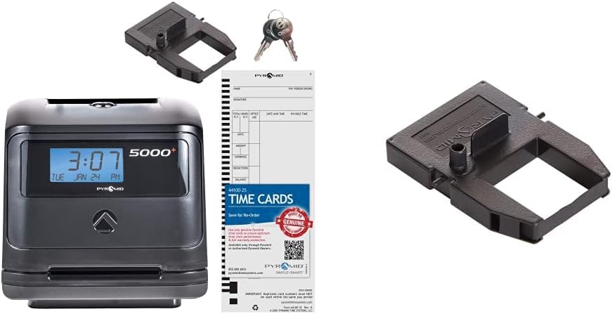 Pyramid Time Systems, Model 5000 Auto Totaling Time Clock, Handles up to 100 Employees, Made in USA, Black & 5000R Genuine Replacement Ribbon for 3550ss, 3600ss, 4000Pro, 5000, 5000HD Time Clocks