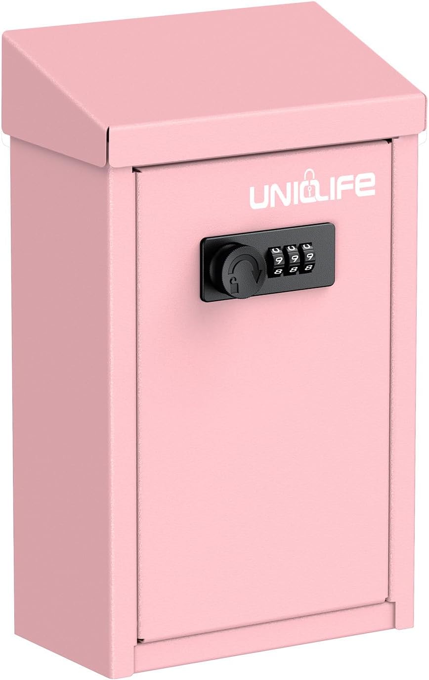 Uniclife Pink Metal Wall Mounted Mailbox with Top Slot, Key Drop Box with Combination Lock for Outside, Donation Box Collection Boxes, Safe Suggestion Boxes, Steel Cash Drop Chest