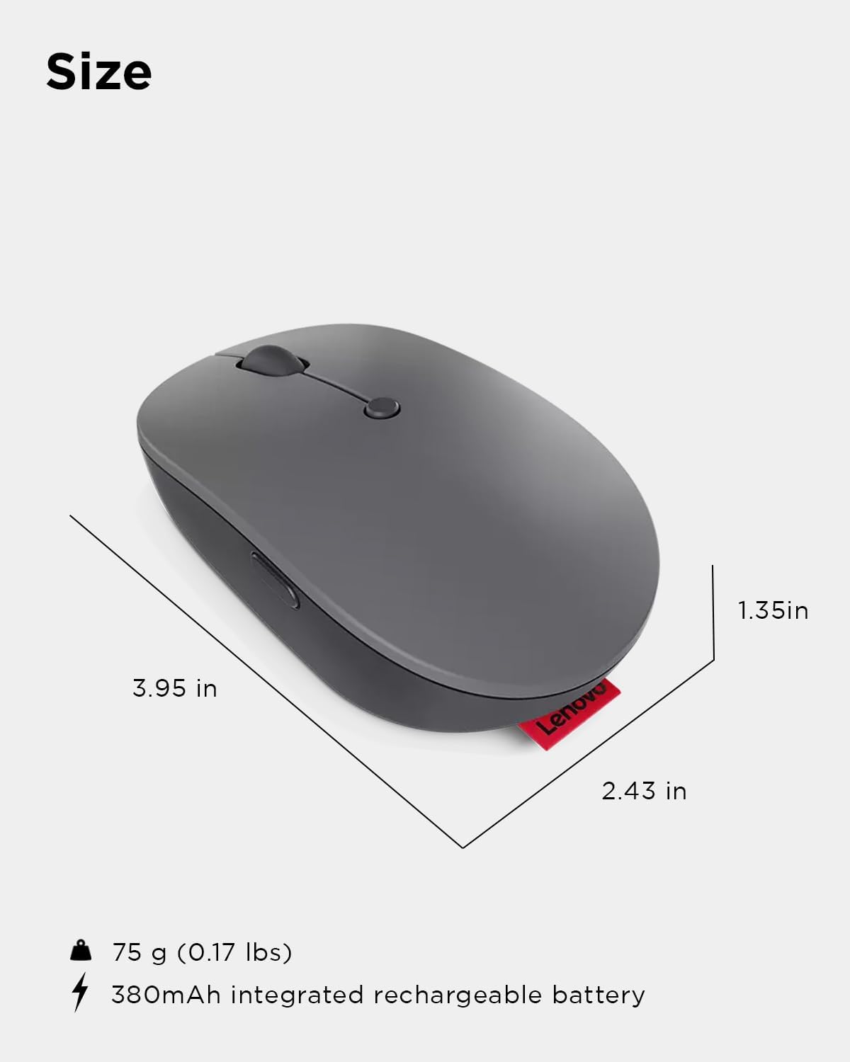 Lenovo Go USB-C Essential Wireless Mouse, 2.4 GHz Nano USB-C Receiver, Adjustable DPI, Rechargeable Battery, Ambidextrous, GY51C21210, Grey