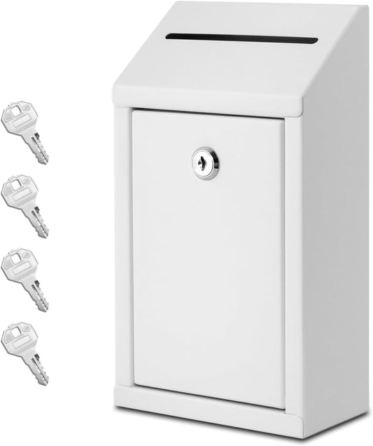 Metal Donation Box with Lock, Wall Mounted, Suggestion Box with 4 Iron Keys, White, Cash Drop Box with Slot, 1-Pack