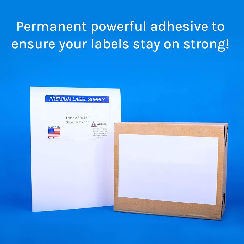 Premium Label Supply White Sticker Half Sheet Labels – 8.5" x 5.5" – Laser/Inkjet Compatible – (2 per Sheet), 100 Sheets - 200 Total Adhesive Labels
