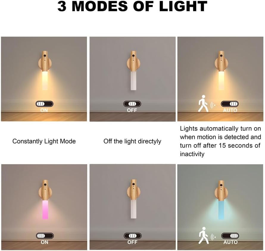 LANDGOO Motion Sensor Night Light RGB & Touch Control | USB-C Rechargeable Ash Wood Wall Sconce | Bathroom/Bedroom Light for Hallway, Stairs, Nursery, Closet, Vanity, Party