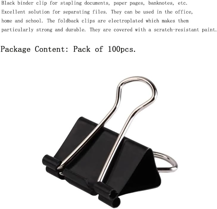 THREEBEGETSALLA 100pcs Binder Clips, 19mm Black Office Paper Clip, Foldback Clips Clamp Binder Clips for Office Home Supplies