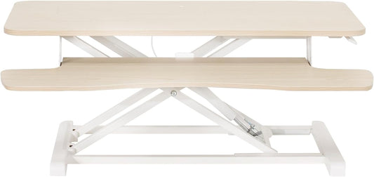 VIVO 36 inch Desk Converter, K Series, Height Adjustable Sit to Stand Riser, Dual Monitor and Laptop Workstation with Wide Keyboard Tray, Light Wood Top, White Frame, DESK-V036KF