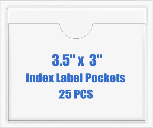 Origin-Joy 25 PCS Self-Adhesive Index Label Pockets, Clear Plastic Peel & Stick Card Holders with Top Open for Loading (3.5 x 3 inch)