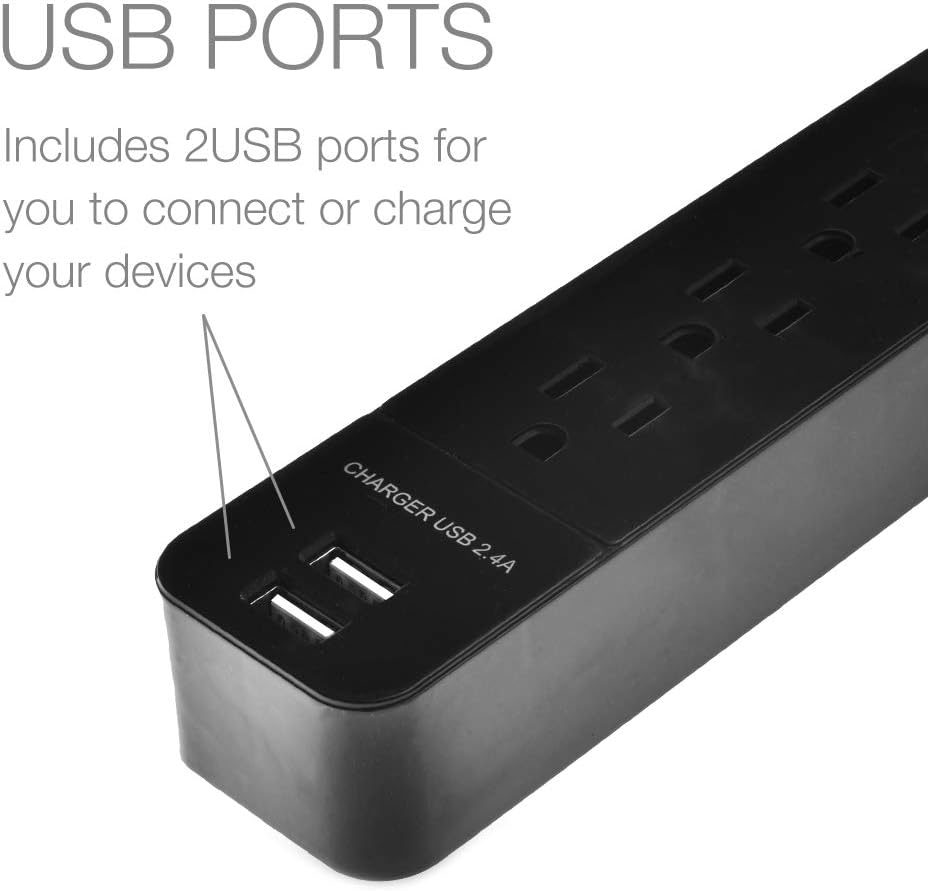 Digital Energy 6-Outlet + 2 USB 1050 Joule Surge Protector Power Strip with 25-Ft Long Extension Cord, Black, UL Listed