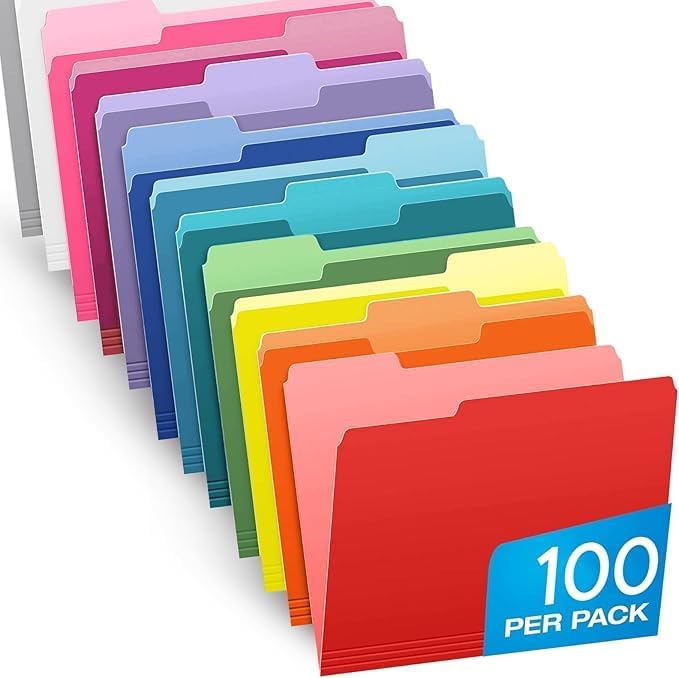 Colored File Folders - School & Office Supplies - 100-Pack of 10 Assorted Colors, Folders for Documents - 1/3-Cut Tabs - File Folders Letter Size, Teachers Must Haves - Olisco